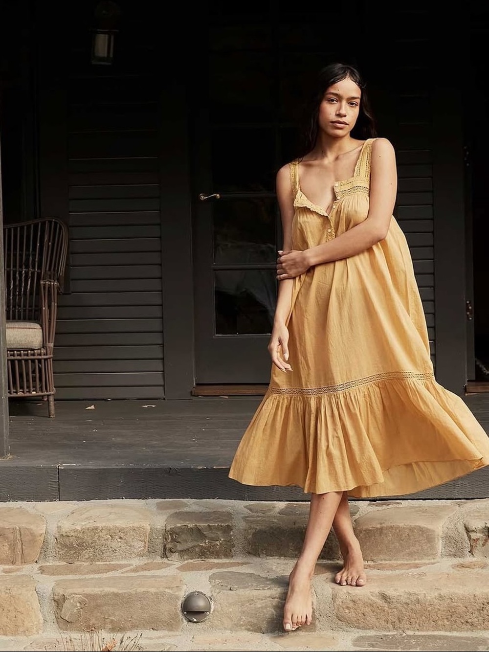 Doen Seville Nightgown
Wheat XS Flowy Sleeveless Midi Dress in Mustard Yellow